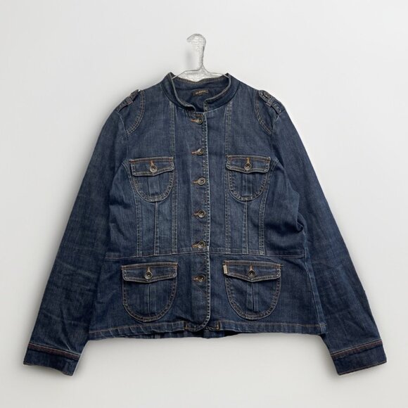 Y2K Lois Jeans Jacket Women's XL Dark Blue Military Style Denim Buttons Pockets - Picture 1 of 14